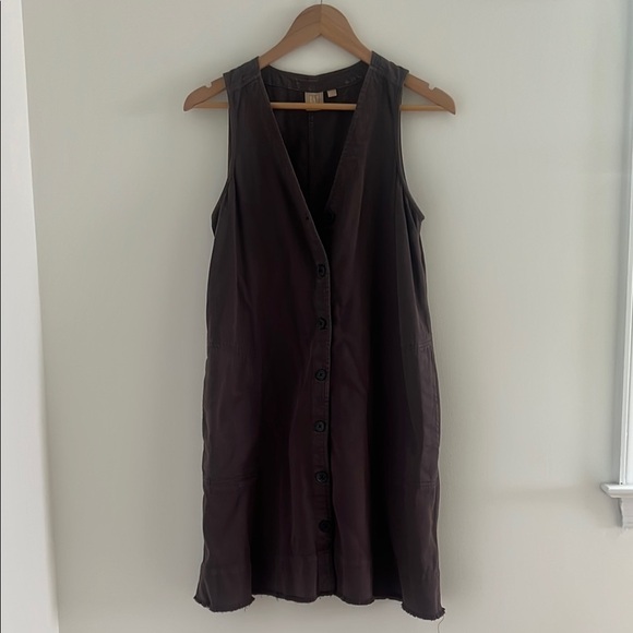 Gap Khaki Button Front Lagenlook Tank Dress Cotton Tencel Pockets Petite S - Picture 2 of 6